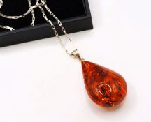 Sterling Silver Chunky Teardrop Baltic Amber Pendant Necklace with Gift Pouch