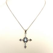 Vintage Sterling Silver Aquamarine Cross Pendant Necklace with Gift Box