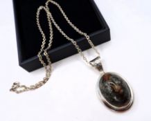 Vintage Sterling Silver Cabochon Forest Green Jasper Pendant Necklace