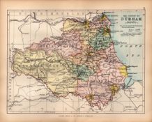 County of Durham 1895 Antique Queen Victoria Coloured Map.