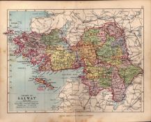 County Of Galway Ireland Antique Detailed Coloured Victorian Map.