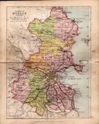 County Of Dublin Ireland Antique Detailed Coloured Victorian Map.