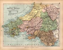 Counties Of South Wales 1895 Antique Victorian Coloured Map.