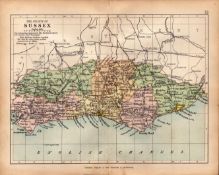 County of Sussex 1895 Antique Victorian Coloured Map.