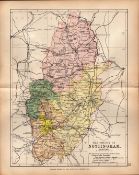 County of Nottinghamshire 1895 Antique Victorian Coloured Map.