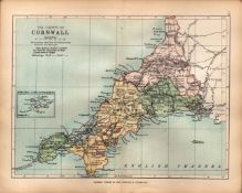 County Of Cornwall 1895 Antique Queen Victoria Coloured Map.