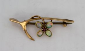 Victorian 15ct Gold Natural Cabochon Opal & RuBy Lucky Wishbone Brooch