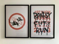 Banksy (b.1974)Authorised Cut & Run-25 Years Card labour Exhibition 2 Framed Posters Goma 23, Ist…