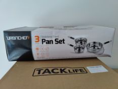 6 x Boxed Sets of Urbnchef 3 Piece Stainless Steel Pan Sets