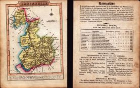 Lancashire Engraved Hand Coloured George IV Antique Map & Text.