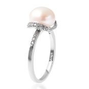 New! Freshwater White Pearl and Simulated Diamond Ring In Rhodium Overlay