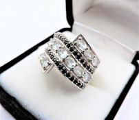 Aquamarine Marine & Black Diamond Ring 2.9 Carats Sterling Silver Ne With Gift Pouch