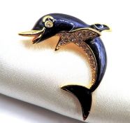 Vintage Enamel & Rhinestone Crystal Dolphin Brooch With Gift Pouch