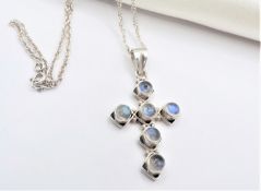 Vintage Sterling Silver Moonstone Cross Pendant Necklace