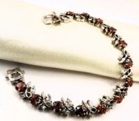 Artisan Sterling Silver Garnet & Topaz Floral Cluster Gemstone Bracelet With Gift Box