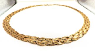 Italian Gold On Sterling Silver Braided Herringbone Collar Necklace With Gift Box