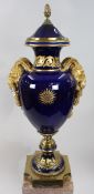 Pair of Fine Sevres Style Cobalt Blue Rams Head Lidded Urns