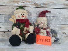 2 x Luxury Fabric Snowmen with hockey sticks. 30cm x 18cm and 25cm x 14cm. RRP £39.98