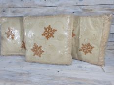 3 x Gold and Ivory fabric cushions. 37cm x 37cm. RRP £38.99