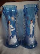 Antique Pair of Mary Gregory Style Vases - Boy & Girl In Winter Scene - Blue Glass