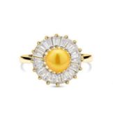 New! Golden Fresh Water Pearl and Simulated Diamond Floral Ring
