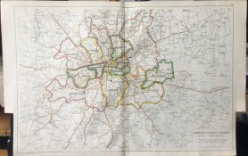 Bacons Rare Vintage London Suburbs London Districts Water Supply Map.