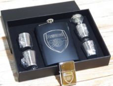 Arsenal FC 8oz Black Hip Flask Set and Silver Petrol Lighter. Shot Glasses and Funnel. RRP £50