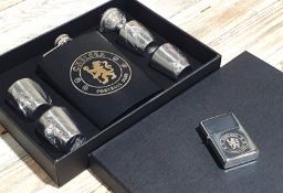 Chelsea FC 8oz Black Hip Flask Set & Silver Petrol Lighter. Shot Glasses & Funnel Inc. RRP £50