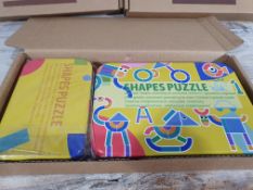 3 x Children's Wooden Shapes Puzzle. Comes In Two Metal Tins. 35 Wooden Pieces and Puzzle Cards.