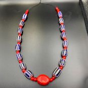 Vintage Chevron Trade Glass Beads, White Heart Beads With Big Coral Bead Strand