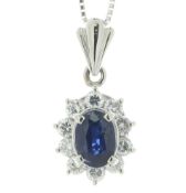 Platinum Oval Cluster Diamond And Sapphire Pendant And Chain (S0.83) 0.50 Carats