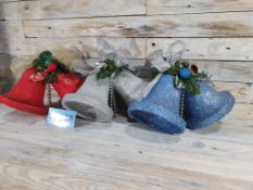 3 X Large Decoration Bells. Red, Silver, Blue.