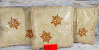 3 X Gold and Ivory Fabric Cushions. 37cm X 37cm RRP 44.99