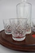 Cut Glass Crystal Decanter & 6 Glasses on Mahogany Stand
