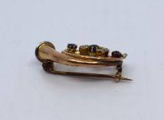 Edwardian Diamond & Sapphire Gold Hunting Horn Brooch