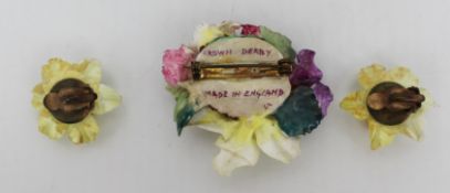 Vintage Royal Crown Derby Cased Floral Brooch & Earring Set