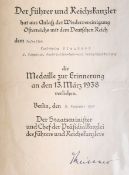 Verleihungsurkunde der Medaille zur Erinnerung an den 13. März 1938 (2. WK, 1938)