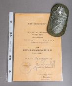 Demjansk-Schild m. Besitzzeugnis über das Demjansk-Schild (2. WK, 1943