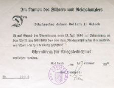 Verleihungsurkunde über das Ehrenkreuz für Kriegsteilnehmer (2. WK, 1935)