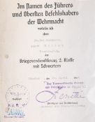 Besitzzeugnis über das Kriegsverdienstkreuz 2. Klasse m. Schwertern (2. WK, 1944)