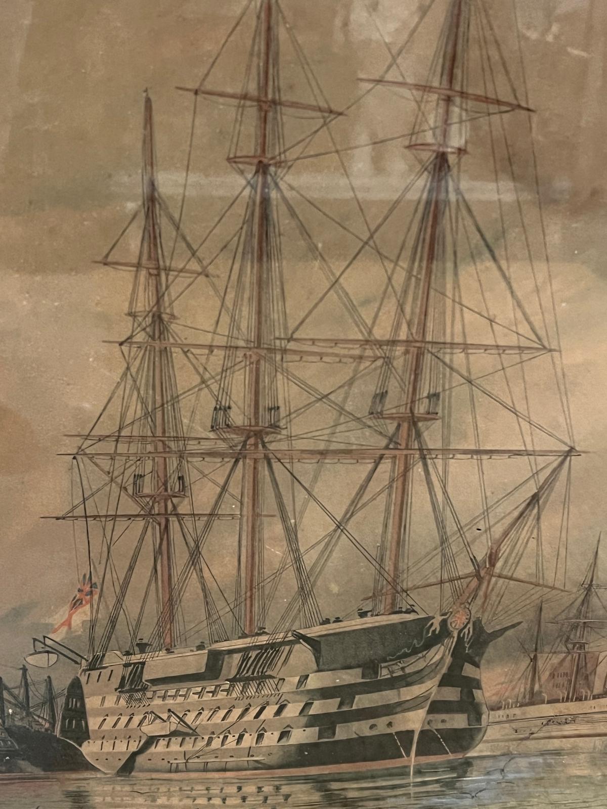William Edward Atkins (British, 1842-1910) HMS Victory as a accommodation ship at moorings outside - Image 4 of 4