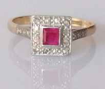 An Art Deco ruby and diamond ring on an 18ct yellow gold and platinum setting