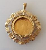 An Edwardian mounted gold sovereign, 1907, mount hallmarked 9ct, 14.79g
