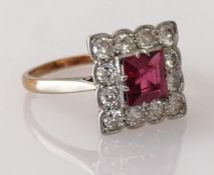 An Art Deco ruby and diamond ring in a yellow gold and platinum setting