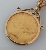 A mounted Victorian shield-back gold sovereign, 1844, on a 9ct gold chain, 58 cm, 25g
