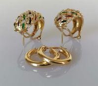 A pair of gold earring with multi-gem decoration and a pair of plain hoop earrings, both hallmarked 