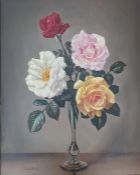 James Noble (1919-1989), ROSES IN FOUR COLOURS, oil on board, 50 x 40 cm, signed bottom left