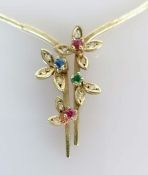 A multi-gem floral pendant with integrated necklace, 40 cm, hallmarked 14ct, 11.2g