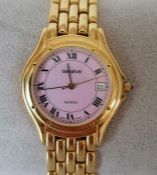 A Geneve Quartz gold watch with Roman numerals on a pink face, date aperture, case 33 cm