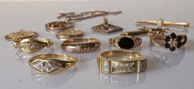 An 18ct yellow gold diamond cluster ring, 3g, one stone missing; five 9ct yellow gold gem-set rings